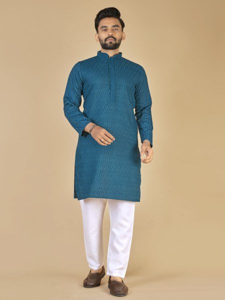 Navy Blue Cotton Kurta with All Over Embroidery Elegant Eid and Festive Outfit  Kurta Pajama Wholesale