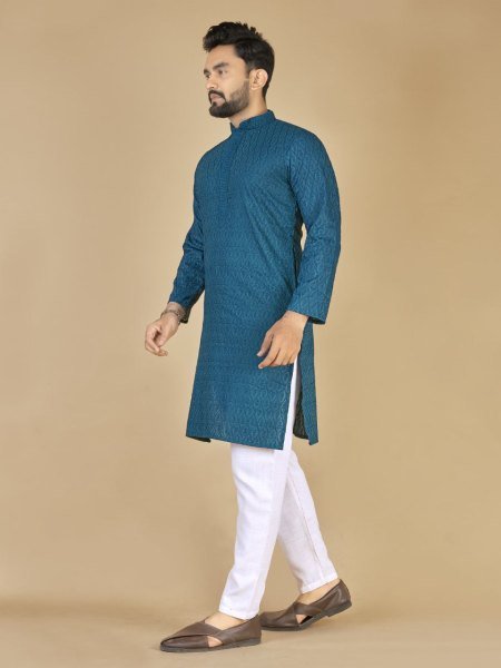 Navy Blue Cotton Kurta with All Over Embroidery Elegant Eid and Festive Outfit  Kurta Pajama Wholesale