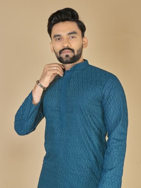 Navy Blue Cotton Kurta with All Over Embroidery Elegant Eid and Festive Outfit  Kurta Pajama Wholesale