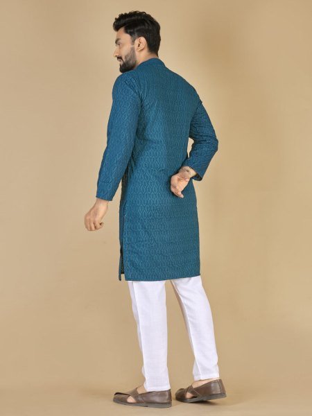 Navy Blue Cotton Kurta with All Over Embroidery Elegant Eid and Festive Outfit  Kurta Pajama Wholesale