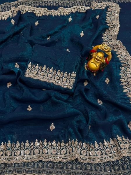 Navy Blue Designer Crunchy Saree with Heavy Gold Beads Cutdana Work For Wedding Wear Sarees 
