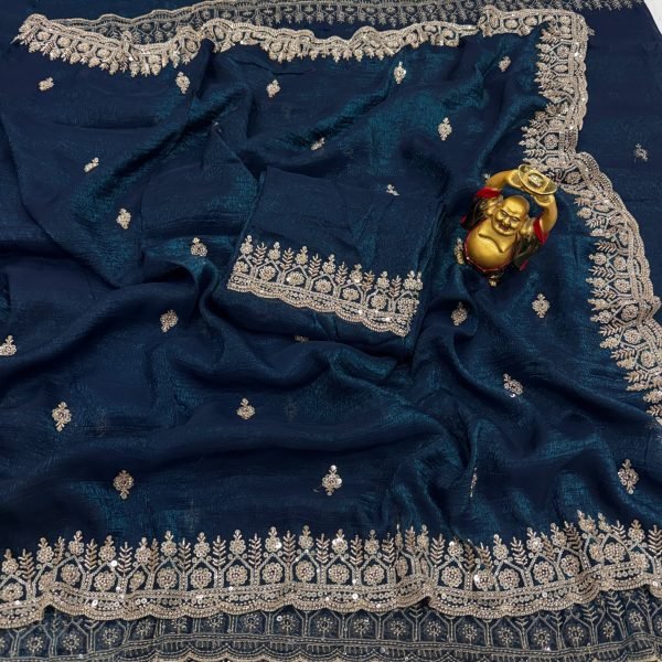 Navy Blue Designer Crunchy Saree with Heavy Gold Beads Cutdana Work For Wedding Wear Designer Wedding Sarees Wholesale
