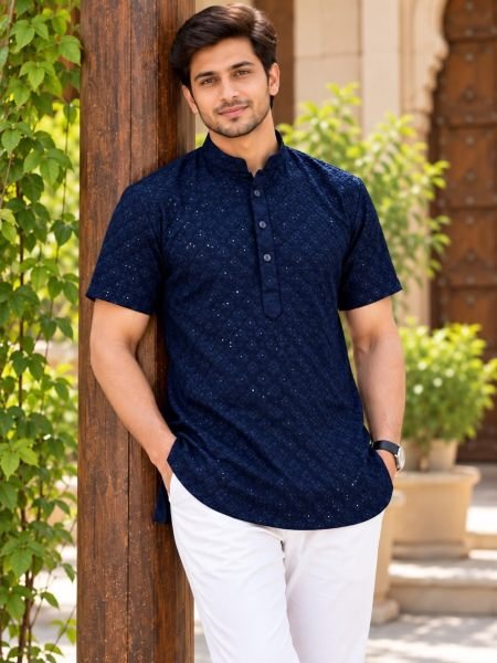 Navy Blue Designer Rayon Chikan Work Short Kurta For Festival Mens Wear
