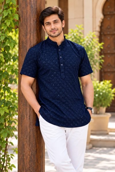 Navy Blue Designer Rayon Chikan Work Short Kurta For Festival Kurta Pajama Wholesale