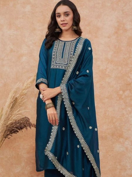 Navy Blue Designer Vichitra Silk Kurta Palazzo Set with Dupatta  Kurtis