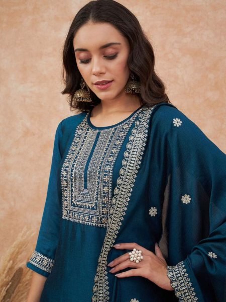 Navy Blue Designer Vichitra Silk Kurta Palazzo Set with Dupatta  3 Piece Kurti Set