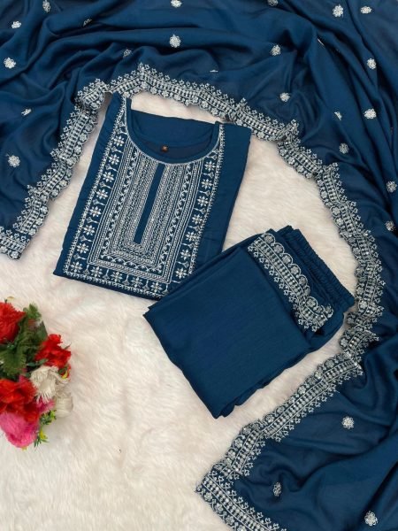 Navy Blue Designer Vichitra Silk Kurta Palazzo Set with Dupatta  3 Piece Kurti Set