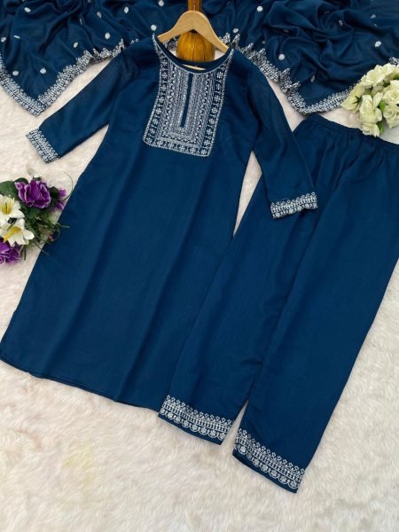 Navy Blue Designer Vichitra Silk Kurta Palazzo Set with Dupatta  3 Piece Kurti Set