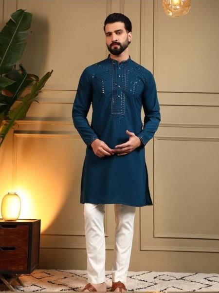 Navy Blue Embroidered Kurta Pyjama Set for Men Wedding Wear  