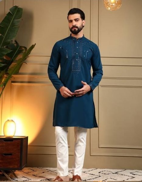 Navy Blue Embroidered Kurta Pyjama Set for Men Wedding Wear  Kurta Pajama Wholesale