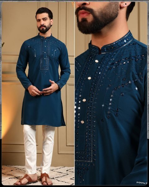 Navy Blue Embroidered Kurta Pyjama Set for Men Wedding Wear  Kurta Pajama Wholesale
