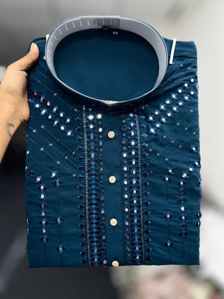 Navy Blue Embroidered Kurta Pyjama Set for Men Wedding Wear  Kurta Pajama Wholesale