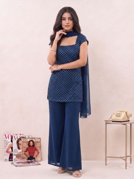 Navy Blue Georgette Bell Palazzo Suit with Embroidery Work For Festival Kurtis