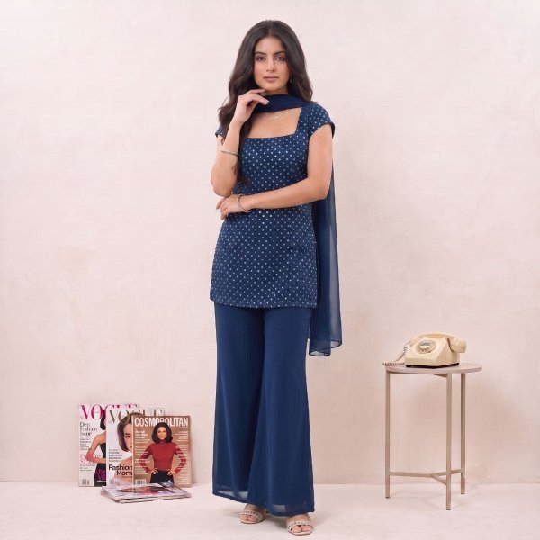 Navy Blue Georgette Bell Palazzo Suit with Embroidery Work For Festival Full Set Kurti