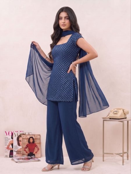 Navy Blue Georgette Bell Palazzo Suit with Embroidery Work For Festival Full Set Kurti
