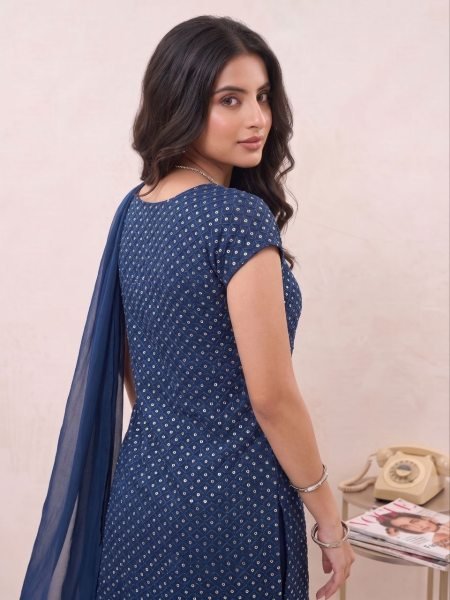 Navy Blue Georgette Bell Palazzo Suit with Embroidery Work For Festival Full Set Kurti