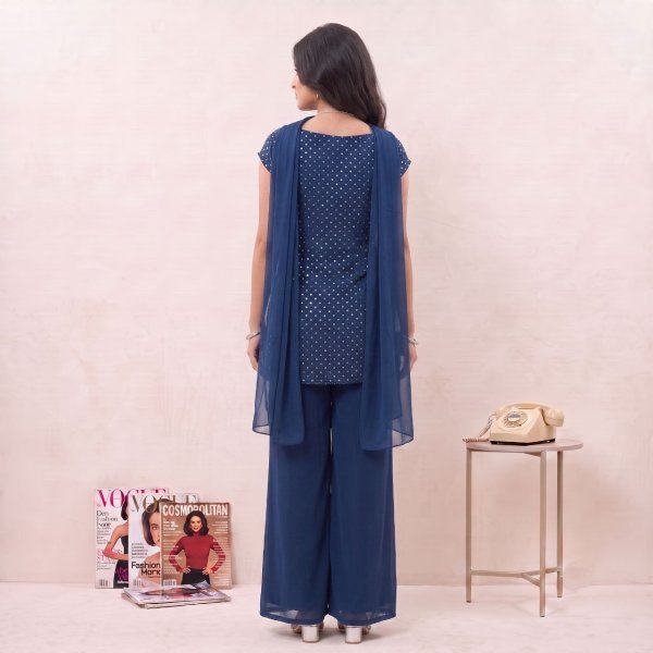Navy Blue Georgette Bell Palazzo Suit with Embroidery Work For Festival Full Set Kurti