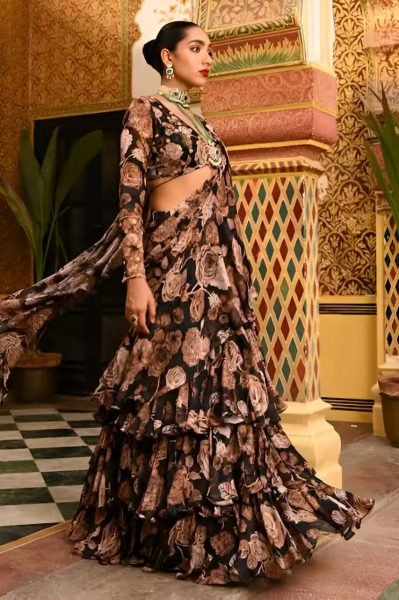 Navy Blue Georgette Flower Printed Ruffle Ready To Wear Saree Ready To Wear Saree 