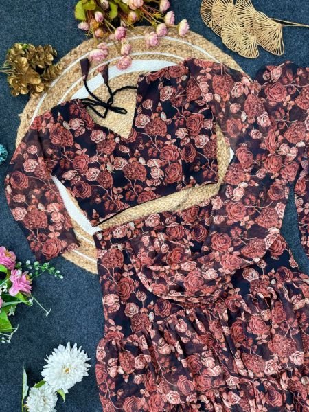 Navy Blue Georgette Flower Printed Ruffle Ready To Wear Saree Ready To Wear Saree 