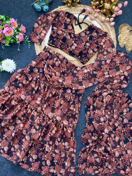 Navy Blue Georgette Flower Printed Ruffle Ready To Wear Saree Ready To Wear Saree 