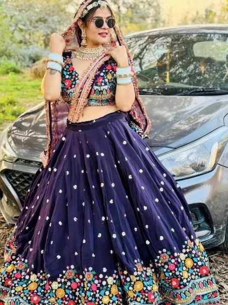 Navy Blue Georgette Lehenga with Floral Embroidery Perfect for Garba & Wedding Nights  Lehenga
