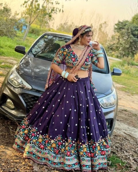 Navy Blue Georgette Lehenga with Floral Embroidery Perfect for Garba & Wedding Nights Designer Lehenga Choli