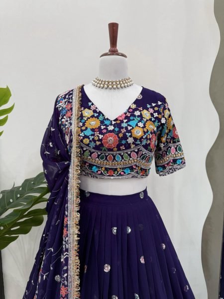 Navy Blue Georgette Lehenga with Floral Embroidery Perfect for Garba & Wedding Nights Designer Lehenga Choli