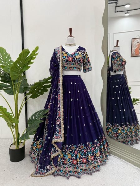 Navy Blue Georgette Lehenga with Floral Embroidery Perfect for Garba & Wedding Nights Designer Lehenga Choli