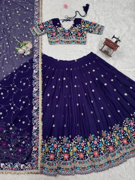 Navy Blue Georgette Lehenga with Floral Embroidery Perfect for Garba & Wedding Nights Designer Lehenga Choli