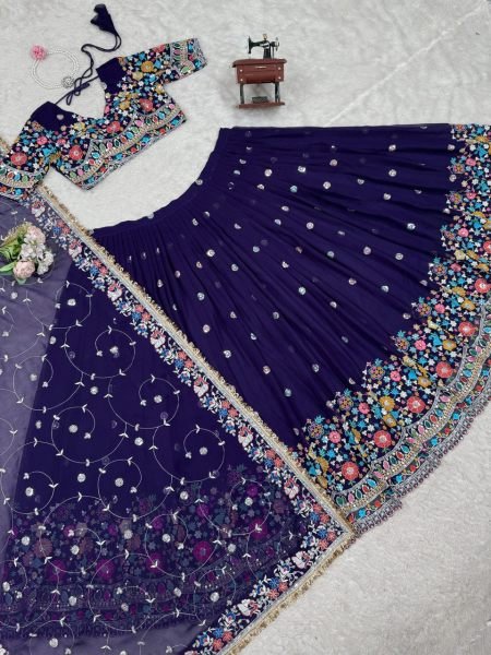 Navy Blue Georgette Lehenga with Floral Embroidery Perfect for Garba & Wedding Nights Designer Lehenga Choli