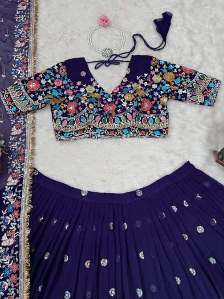 Navy Blue Georgette Lehenga with Floral Embroidery Perfect for Garba & Wedding Nights Designer Lehenga Choli