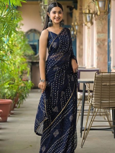 Navy Blue Georgette Silk Saree with Dori Lace Border and Fancy Tapeta Blouse at Low Price Sarees 