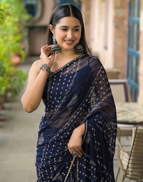 Navy Blue Georgette Silk Saree with Dori Lace Border and Fancy Tapeta Blouse at Low Price Georgette Sarees Wholesale
