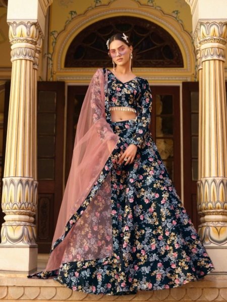 Navy Blue Heavy Floral Print Crushed Silk Lehenga with Soft Net Dupatta   Lehenga