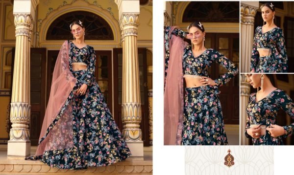 Navy Blue Heavy Floral Print Crushed Silk Lehenga with Soft Net Dupatta  Designer Lehenga Choli