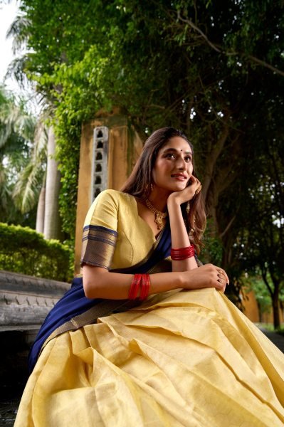 Navy Blue Kanchipuram Lehenga Choli with Zari Detailing for Half Saree Style Half Saree Lehenga