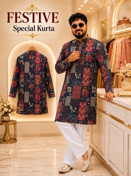 Navy Blue Men's Festive Wear Cotton Kurta Pyjama Set with Side Pockets At Direct Factory Price Kurta Pajama Wholesale