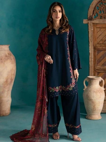 Navy Blue Pakistani Style Crepe Silk Palazzo Suit with Embroidery   Digital Dupatta At Best Rates Ready To Wear Suit
