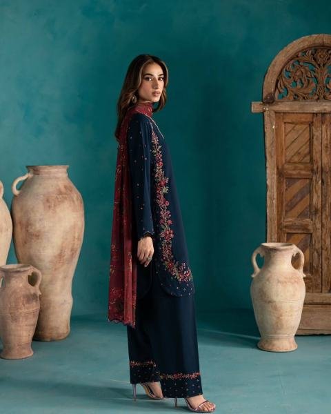 Navy Blue Pakistani Style Crepe Silk Palazzo Suit with Embroidery   Digital Dupatta At Best Rates Ready To Wear Collection