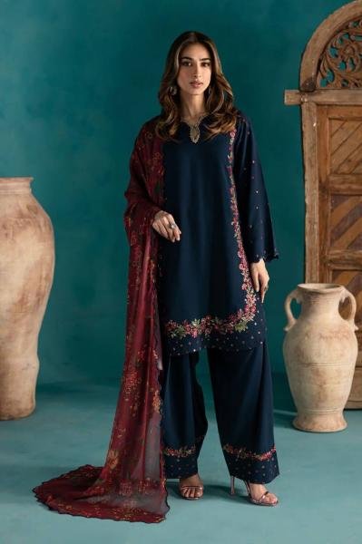 Navy Blue Pakistani Style Crepe Silk Palazzo Suit with Embroidery   Digital Dupatta At Best Rates Ready To Wear Collection