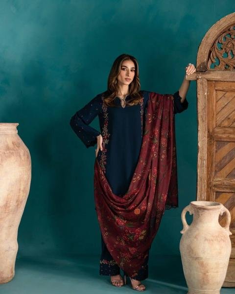 Navy Blue Pakistani Style Crepe Silk Palazzo Suit with Embroidery   Digital Dupatta At Best Rates Ready To Wear Collection
