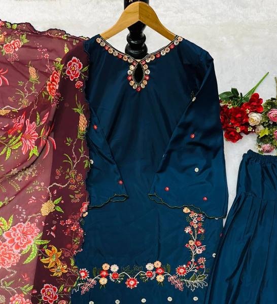 Navy Blue Pakistani Style Crepe Silk Palazzo Suit with Embroidery   Digital Dupatta At Best Rates Ready To Wear Collection