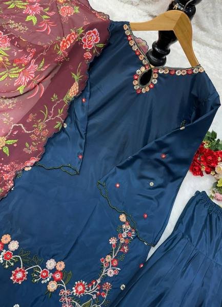 Navy Blue Pakistani Style Crepe Silk Palazzo Suit with Embroidery   Digital Dupatta At Best Rates Ready To Wear Collection