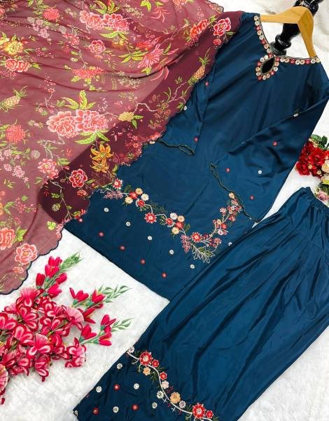 Navy Blue Pakistani Style Crepe Silk Palazzo Suit with Embroidery   Digital Dupatta At Best Rates Ready To Wear Collection