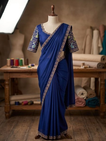 Navy Blue Rangoli Saree with Sequence Embroidery and Running Blouse For Wedding