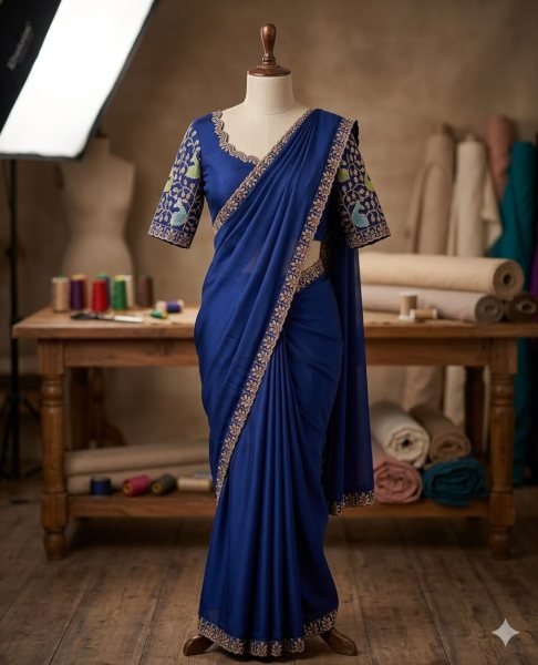 Navy Blue Rangoli Saree with Sequence Embroidery and Running Blouse For Wedding Embroidery Sarees Wholesale