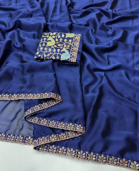 Navy Blue Rangoli Saree with Sequence Embroidery and Running Blouse For Wedding Embroidery Sarees Wholesale
