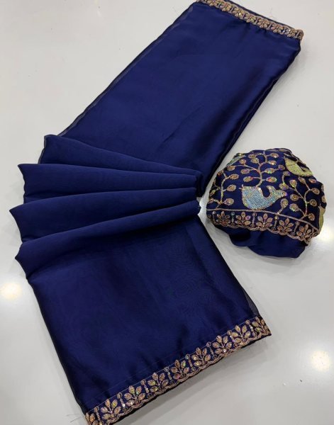 Navy Blue Rangoli Saree with Sequence Embroidery and Running Blouse For Wedding Embroidery Sarees Wholesale