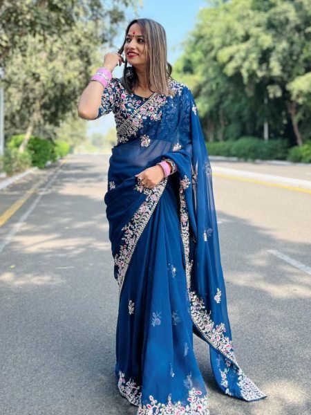 Navy Blue Rangoli Silk Saree with Floral Embroidery and Cutwork Border Wedding Wear Sarees 