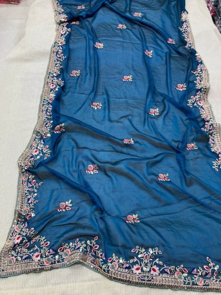 Navy Blue Rangoli Silk Saree with Floral Embroidery and Cutwork Border Wedding Wear Embroidery Sarees Wholesale